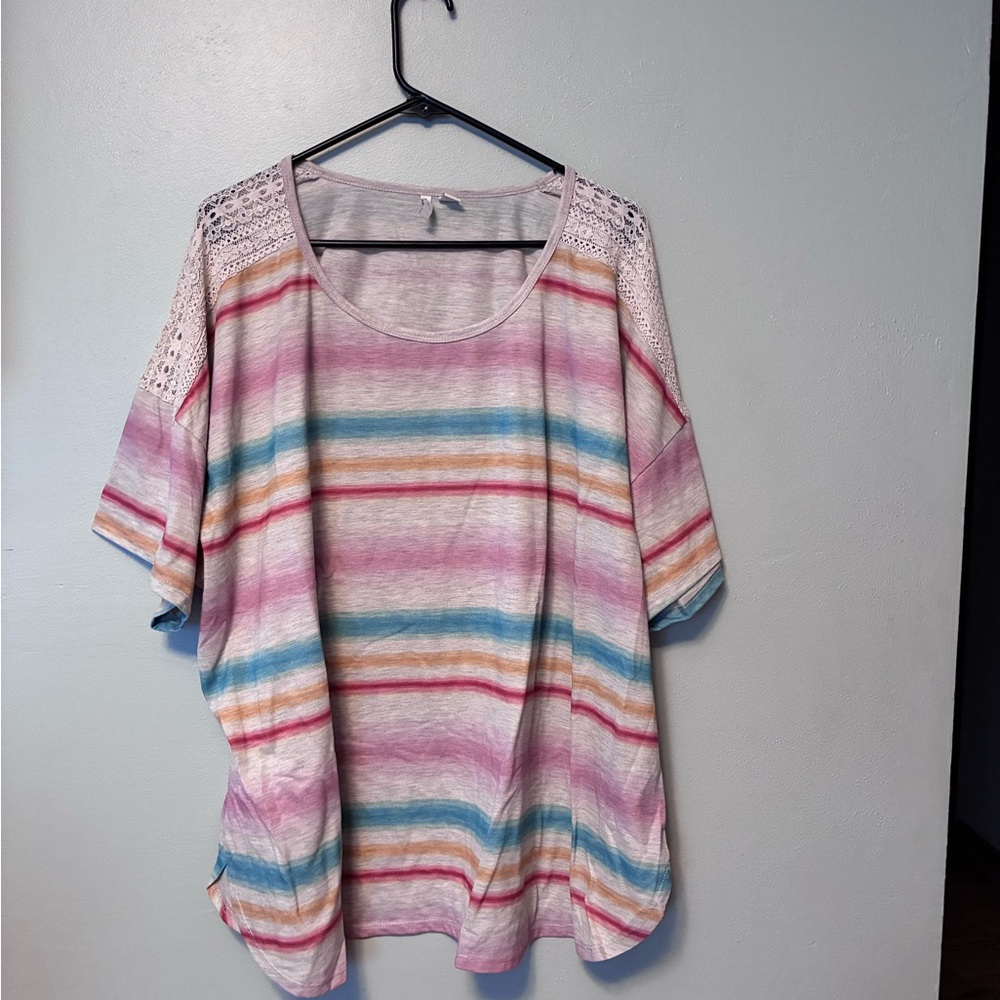Pastel Striped Short Sleeve Top with Lace Detail